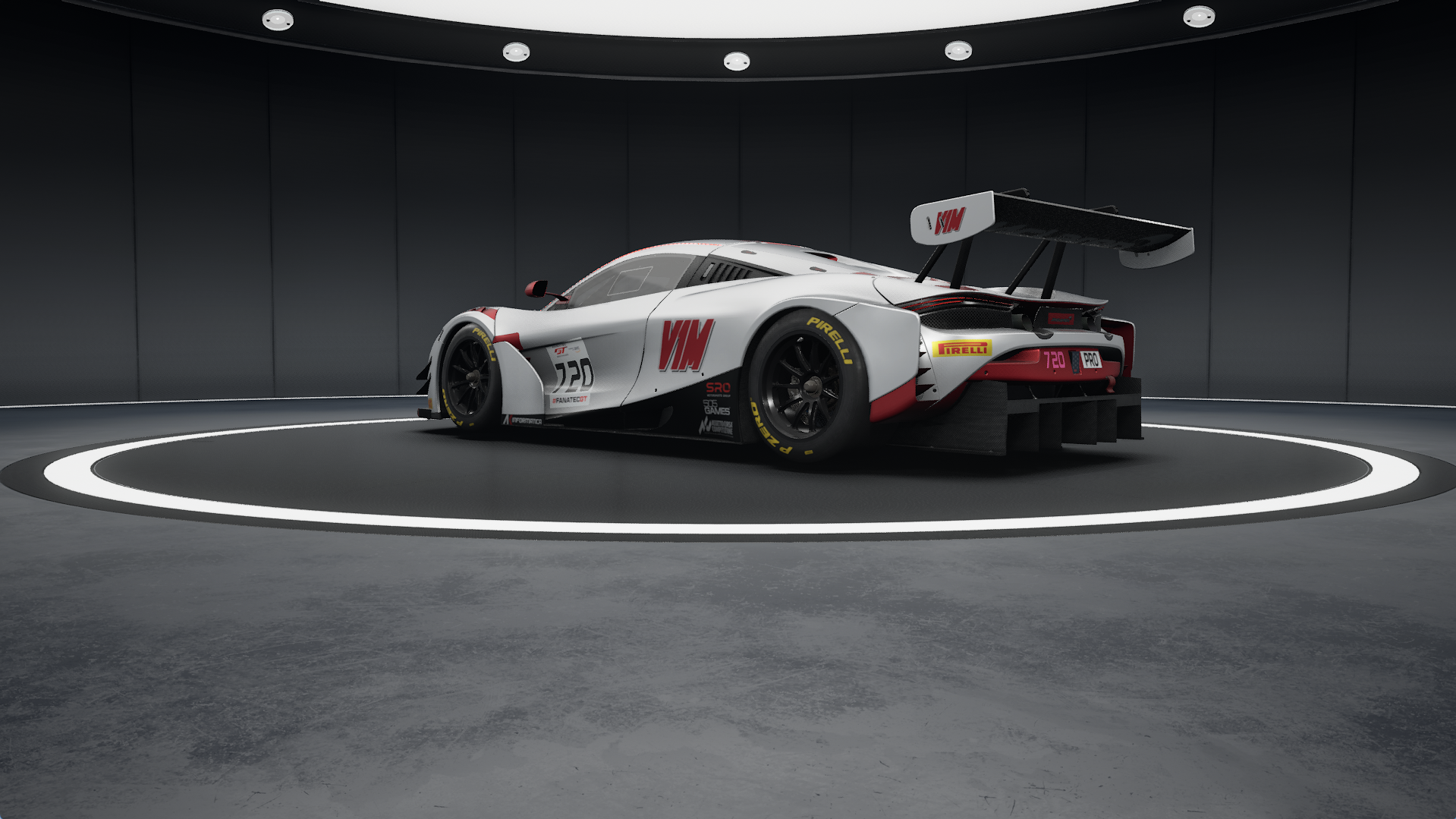 Rear three-quarter view from the left of the V1M McLaren 720S Evo GT3 livery