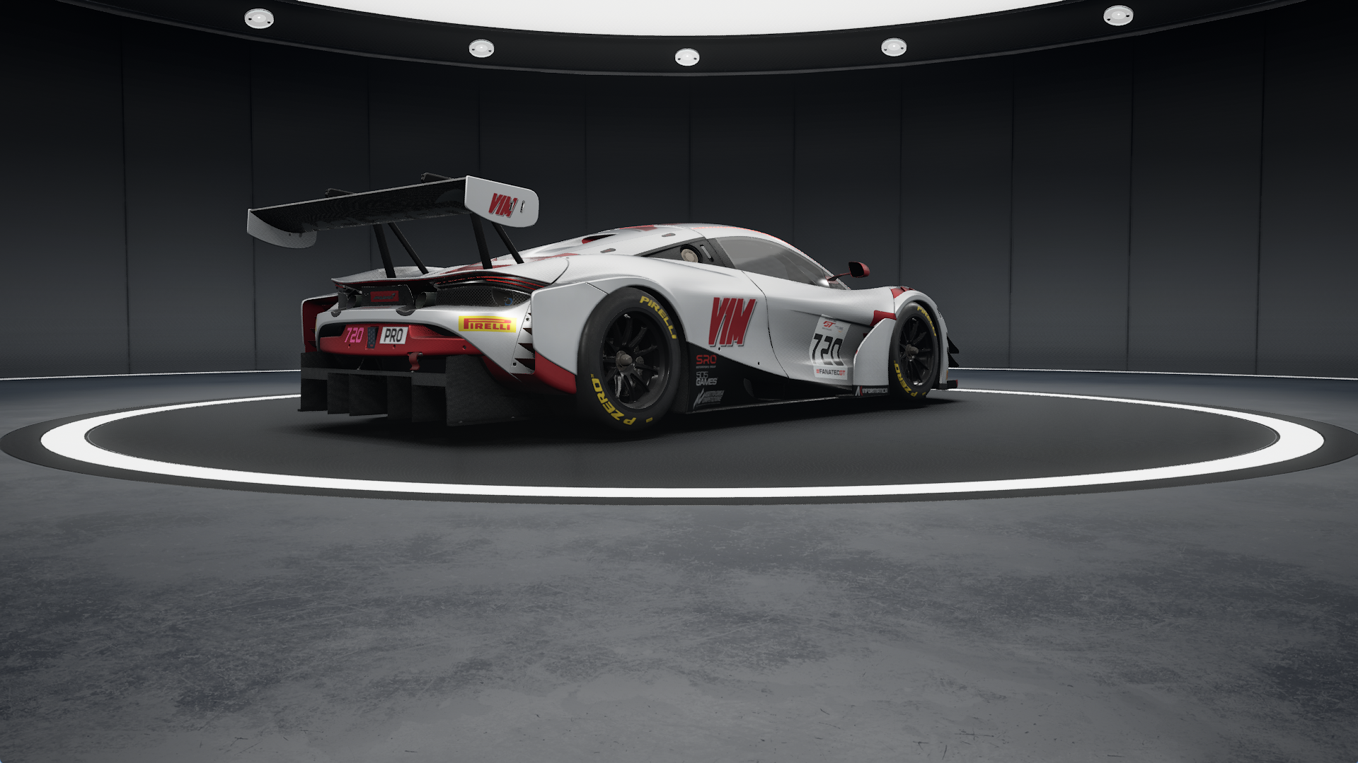 Rear three-quarter view from the right of the V1M McLaren 720S Evo GT3 livery