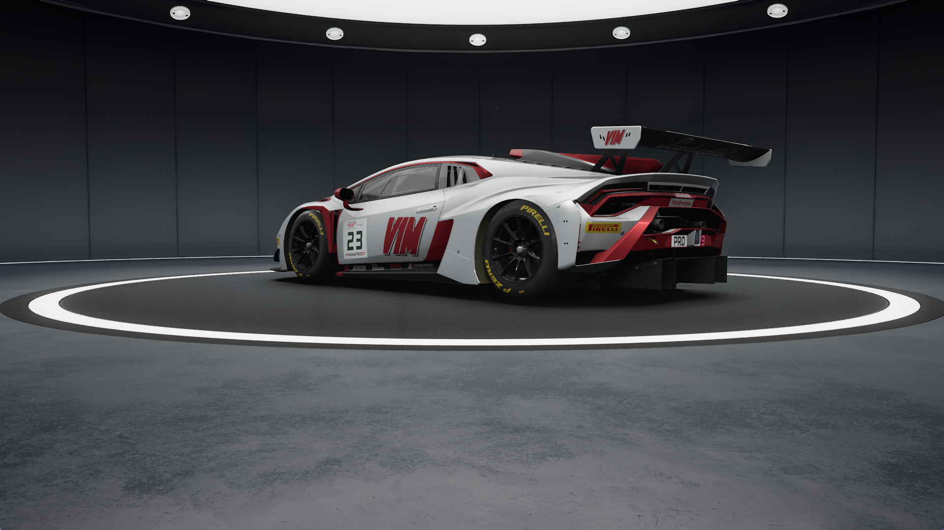 Rear three-quarter view from the left of the V1M Lamborghini Huracan GT3 EVO2 livery