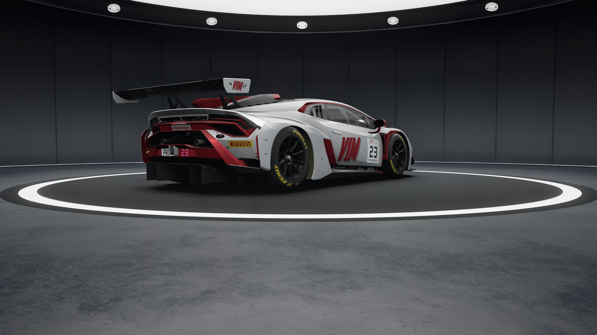 Rear three-quarter view from the right of the V1M Lamborghini Huracan GT3 EVO2 livery